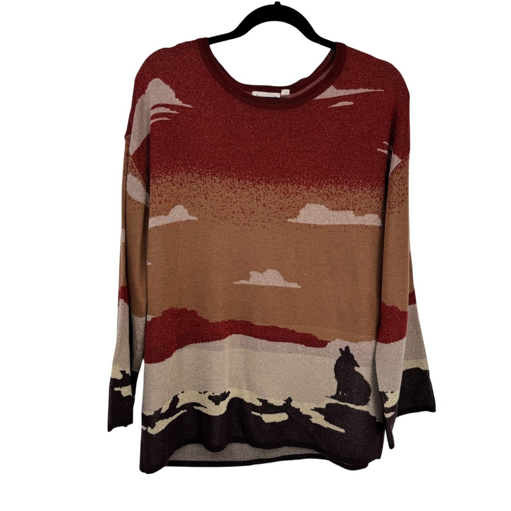 Cotton & Rye Sweater Womens L Metallic Orange Tan Coyote Southwest Print Acrylic